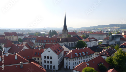 Nagold, swabian town flyover, mixture of traditional red rooftop architecture with modern buildings isolated with white highlights, png photo