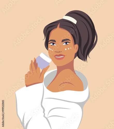 Facial skin care, a girl applies and advertises cream and serum. A young beautiful woman takes care of her facial skin. Vector flat illustration for advertising, website, banner, posters, cover