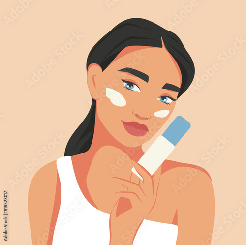 Facial skin care, girl applies and advertises serum. A young beautiful woman takes care of her facial skin. Vector flat illustration for advertising, website, banner, posters, cover
