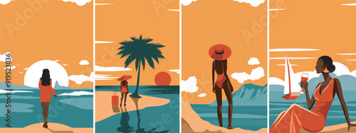 Set of summer bright templates, illustrations of women on vacation, travel, tourism. Four templates on the theme of seasonal holidays, weekends, and the beach. Vector illustration for posters