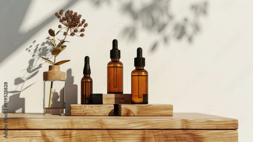 Modern display with amber glass essential oil bottles on podium for organic cosmetics Modern display with amber glass essential oil bottles on podium for organic cosmetics