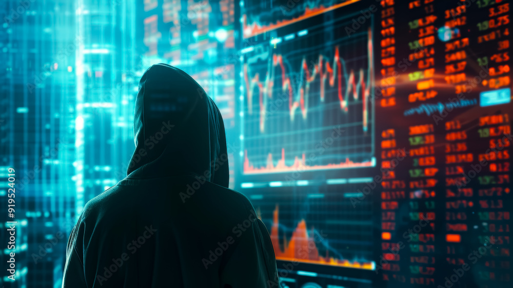 A hooded figure standing in front of digital stock market charts, representing cyber security, finance, and high-tech data analysis. A hooded figure standing in front of digital stock market charts, representing cyber security, finance, and high-tech data analysis.