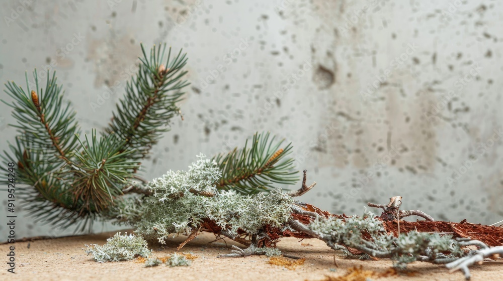 Nature scene with lichen pine branches and dry snags on cork podium with space for copy Nature scene with lichen pine branches and dry snags on cork podium with space for copy