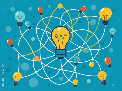 Simplify complex process. Tangled scribble wires with light bulbs from difficult to simple, clarifying idea and complex problem solving process vector concept

