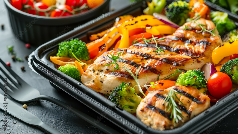 Grilled chicken with a variety of colorful roasted vegetables in a black meal prep container, perfect for a healthy and delicious meal. Grilled chicken with a variety of colorful roasted vegetables in a black meal prep container, perfect for a healthy and delicious meal.