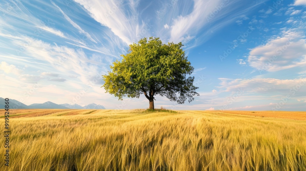 One tree standing in a rural barley field during summer One tree standing in a rural barley field during summer