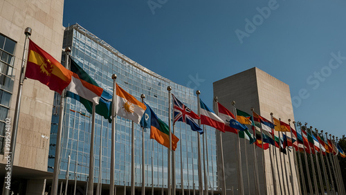 View of the UN Headquarters with Flags of All Nations Against a Clear Blue Sky