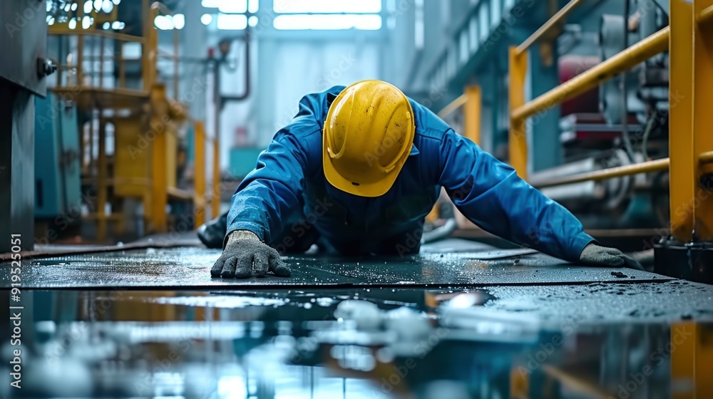 A worker in a factory has fallen to the floor. This image highlights the importance of safety in industrial settings.