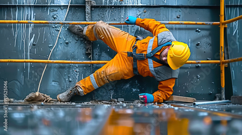 A construction worker lying on the scaffolding, potentially injured after a fall. The image highlights the importance of safety precautions in construction work.