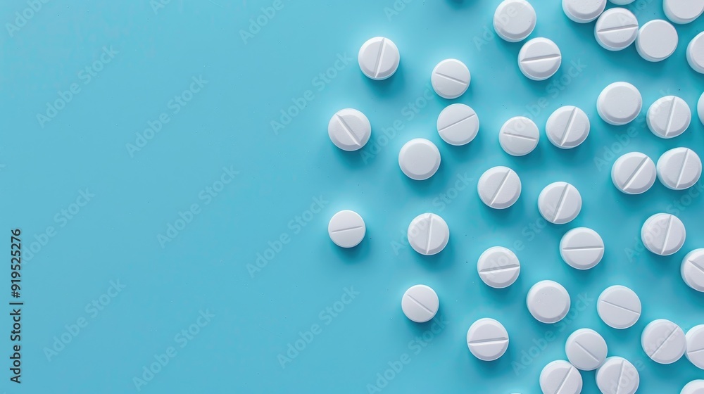 Paracetamol tablets on blue surface with empty area Paracetamol tablets on blue surface with empty area