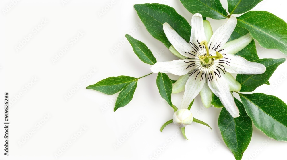 Passiflora foetid flower with green leaves on white background Passiflora foetid flower with green leaves on white background