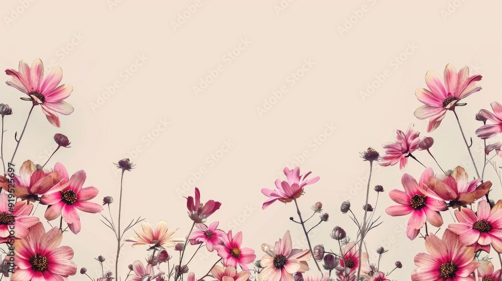 Pink aster flower border on beige background Spring inspired design Pink aster flower border on beige background Spring inspired design