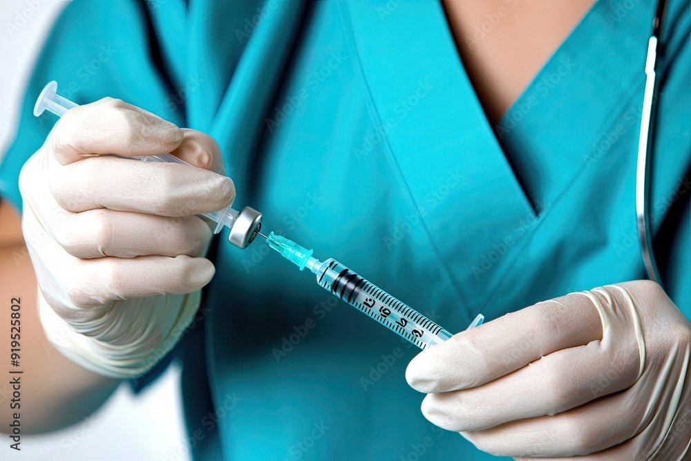 Close-up of a healthcare professional preparing a syringe for vaccination with a sterile technique and protective gloves. Close-up of a healthcare professional preparing a syringe for vaccination with a sterile technique and protective gloves.