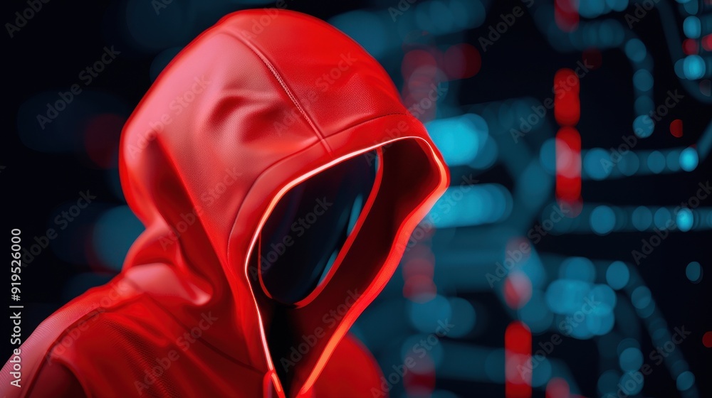 A mysterious figure in a red hoodie stands against a dark, tech-inspired background, embodying secrecy and intrigue. A mysterious figure in a red hoodie stands against a dark, tech-inspired background, embodying secrecy and intrigue.