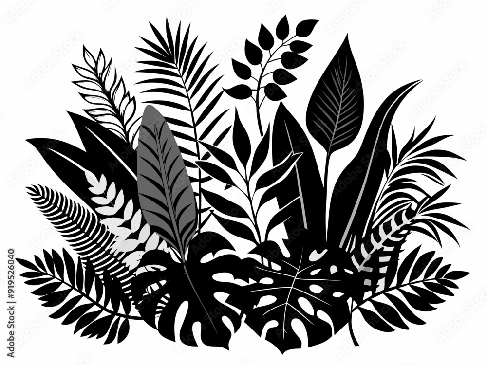 Silhouette jungle leaf. Abstract black palm tropical rainforest leaves. Decorative plants. Graphic foliage silhouettes and elements for design isolated on white background. Vector set
Silhouette jungle leaf. Abstract black palm tropical rainforest leaves. Decorative plants. Graphic foliage silhouettes and elements for design isolated on white background. Vector set