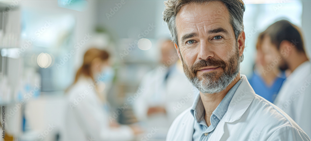 A man in a white lab coat is smiling at the camera A man in a white lab coat is smiling at the camera
