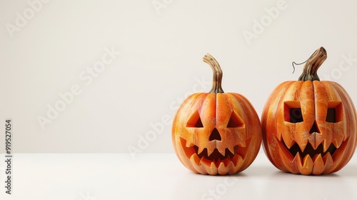 Fototapeta Naklejka Na Ścianę i Meble -  Pumpkin Jack o lanterns on white background with space for text viewed from the side