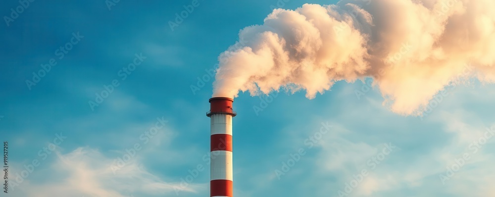 A vibrant industrial scene featuring a smokestack releasing vapor into a clear blue sky, illustrating environmental impact. A vibrant industrial scene featuring a smokestack releasing vapor into a clear blue sky, illustrating environmental impact.