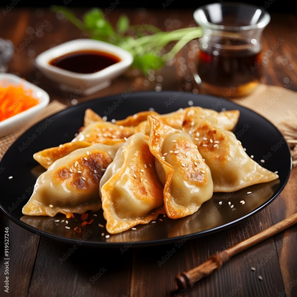 Plate of Crispy Pan Fried Dumplings with Soy Sauce in Vibrant Kitchen Setting Plate of Crispy Pan Fried Dumplings with Soy Sauce in Vibrant Kitchen Setting