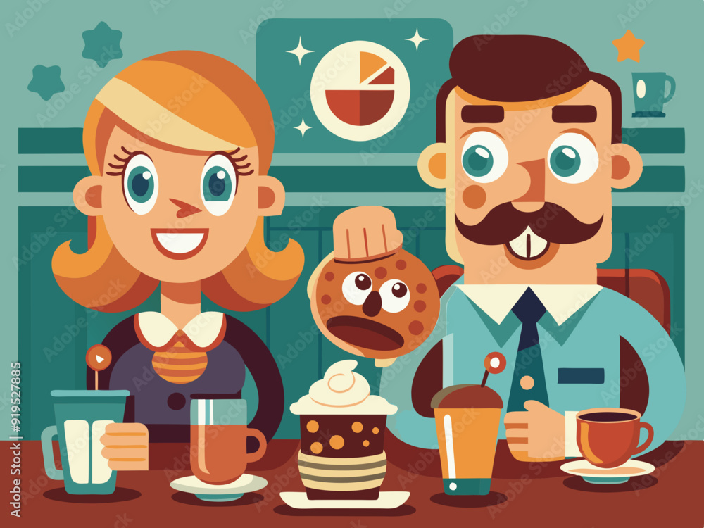 Coffee and sweets couples. Cartoon retro 70s breakfast pair in coffee shop and cafe. Mascot happy character drink. Espresso with cupcake, mug cappuccino and cookie. Vector set
Coffee and sweets couples. Cartoon retro 70s breakfast pair in coffee shop and cafe. Mascot happy character drink. Espresso with cupcake, mug cappuccino and cookie. Vector set