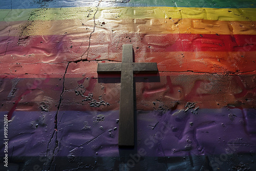 Religion cross belief faith and LGBT flag on background, christianity and homosexuality freedom pride. Rainbow LGBTQ gay flag as a symbol of tolerance and reformation in a church photo