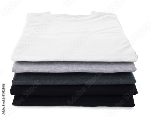 Stack of clean colorful t-shirts isolated on white