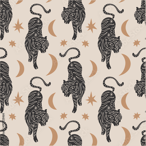 Boho nursery tigers seamless pattern asian wild cats animal oriental cute hand-drawn flat vector Scandinavian style childish cartoon clip-art, adorable funny exotic animals for cloth print and more.