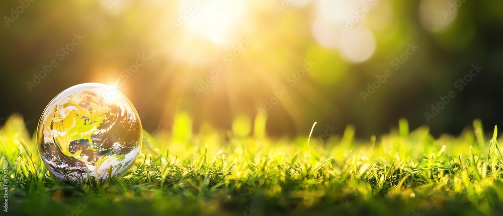 A crystal globe rests on lush green grass, illuminated by warm sunlight, symbolizing nature and environmental awareness. A crystal globe rests on lush green grass, illuminated by warm sunlight, symbolizing nature and environmental awareness.