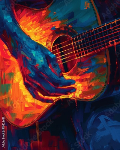 Colorful abstract painting of a hand playing a guitar, vibrant brush strokes bring music and art together in a dynamic composition.