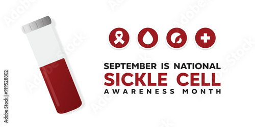 September is Sickle Cell awareness month. Blood, ribbon, sickle cell and plus icon. Great for cards, banners, posters, social media and more. White background.