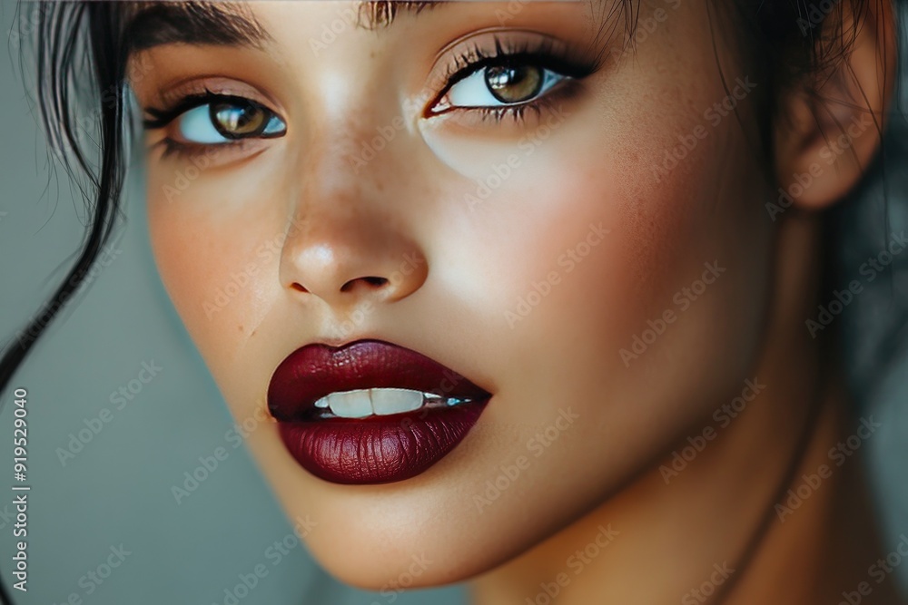 A captivating close-up of a beautiful woman with stunning eyes and bold lip color, exuding confidence and elegance. A captivating close-up of a beautiful woman with stunning eyes and bold lip color, exuding confidence and elegance.