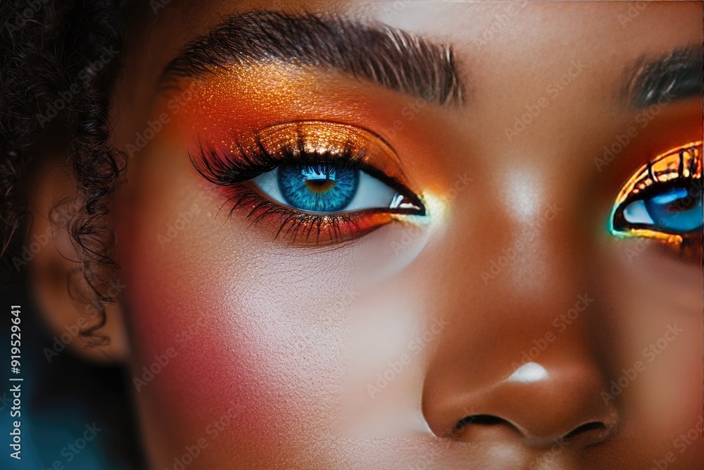 Close-up of a person showcasing vibrant makeup with stunning blue eyes and rich orange hues, highlighting artistry and beauty. Close-up of a person showcasing vibrant makeup with stunning blue eyes and rich orange hues, highlighting artistry and beauty.