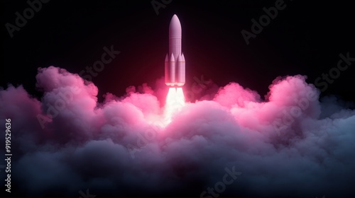 This dynamic image captures a rocket launching into space, with glowing pink exhaust clouds spreading around, symbolizing the strength and power of human technological advancements.