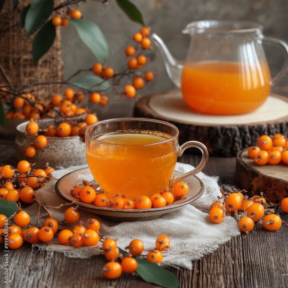 Buckthorn tea elegantly placed on the table. Buckthorn tea elegantly placed on the table.