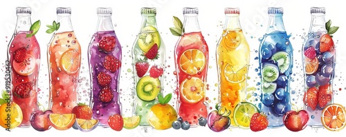 Colorful watercolor bottles filled with various fruit juices and slices, showcasing vibrant, healthy beverage options.