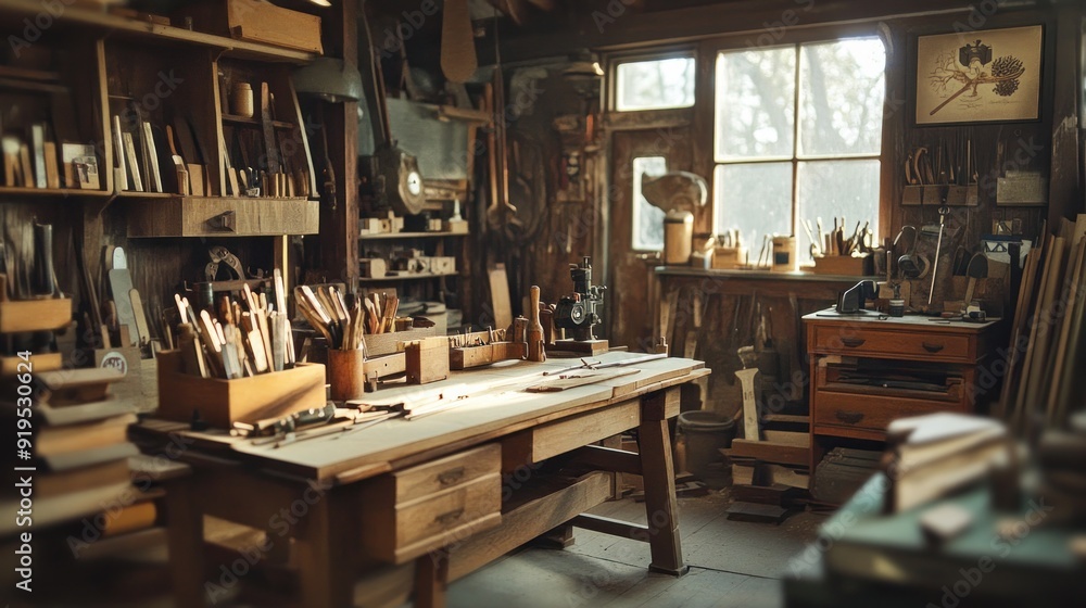 A cluttered woodworking workshop with tools, shelves, and a workbench A cluttered woodworking workshop with tools, shelves, and a workbench