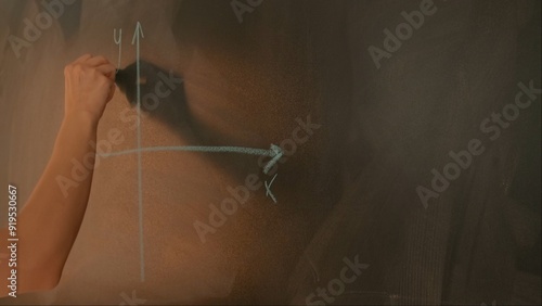 Bild auf Leinwand Close up of woman hand drawing coordinate axis with parabola on chalkboard, professor writes on blackboard or student solving task