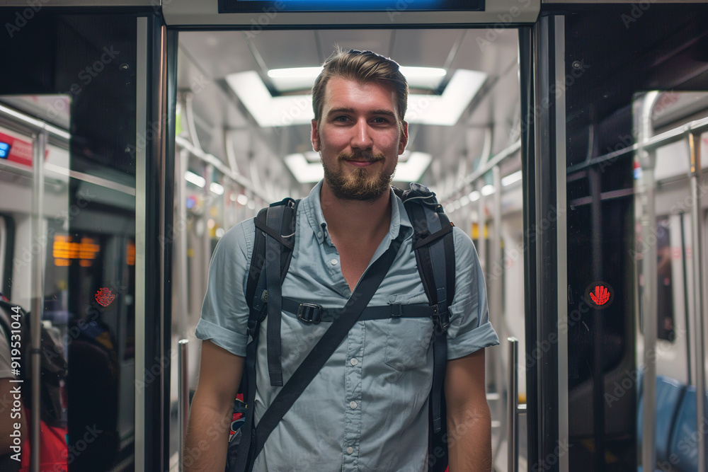 A handsome man Tourist backpacker to travel at train station stands in front of the open doors of a modern subway A handsome man Tourist backpacker to travel at train station stands in front of the open doors of a modern subway