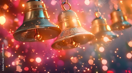 Wallpaper Mural Golden bells adorned with a dusting of snow hang against a shimmering backdrop of Christmas lights. Torontodigital.ca