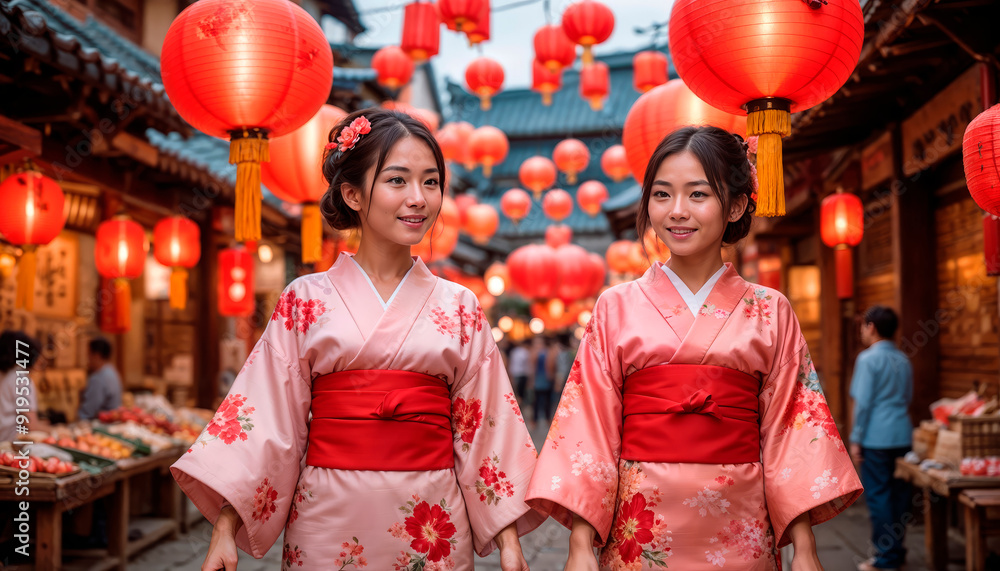 Happy Chinese children in traditional clothes are at the Chinese bazaar Happy Chinese children in traditional clothes are at the Chinese bazaar