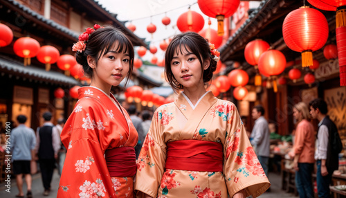 Happy Chinese children in traditional clothes are at the Chinese bazaar