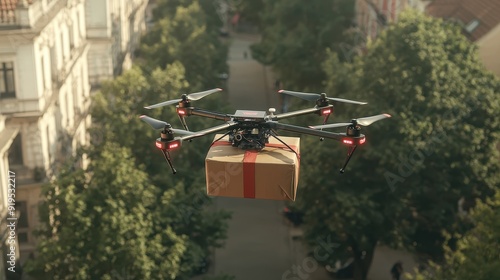 A package being delivered by a drone, illustrating the future of ecommerce with digital and online advancements