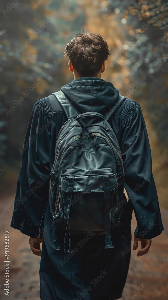 Man in raincoat with backpack walking through forest path, back view, exploring nature on a rainy day. Man in raincoat with backpack walking through forest path, back view, exploring nature on a rainy day.