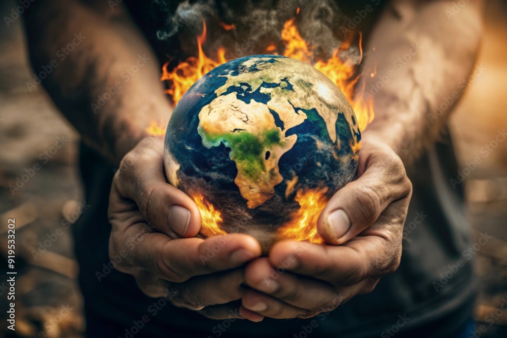 The hands hold the model of the Earth. The globe is on fire, symbolizing the war on the planet and fear. The hands hold the model of the Earth. The globe is on fire, symbolizing the war on the planet and fear.