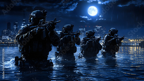 Navy SEALs Night Infiltration: Create an epic scene of Navy SEALs in full tactical gear, emerging from the water under the cover of darkness, with city lights glowing in the background and a full moon