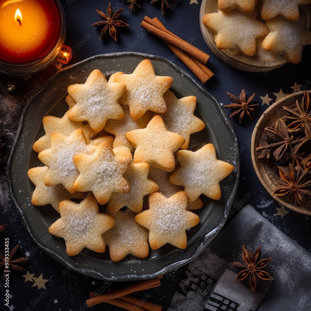 Fototapeta premium christmas cookies with cinnamon and star anise, Shortbread cookies, top view, placed on a table, Christmas style, Christmas theme,