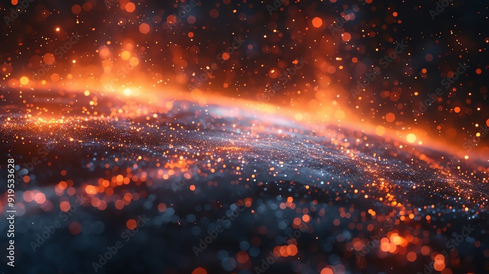 Fototapeta premium Abstract view of a glowing, fiery landscape with bright, orange light and scattered sparks, creating a dynamic and vibrant cosmic scene.