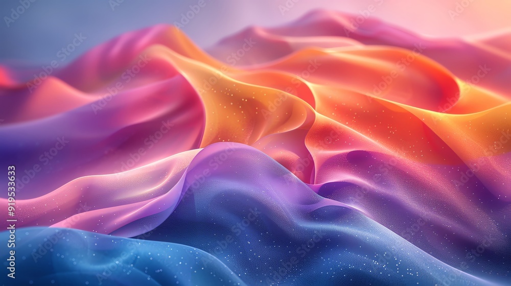 Obraz premium Colorful abstract image of flowing, silky fabric creating a dreamy and vibrant landscape with shades of orange, purple, and pink.