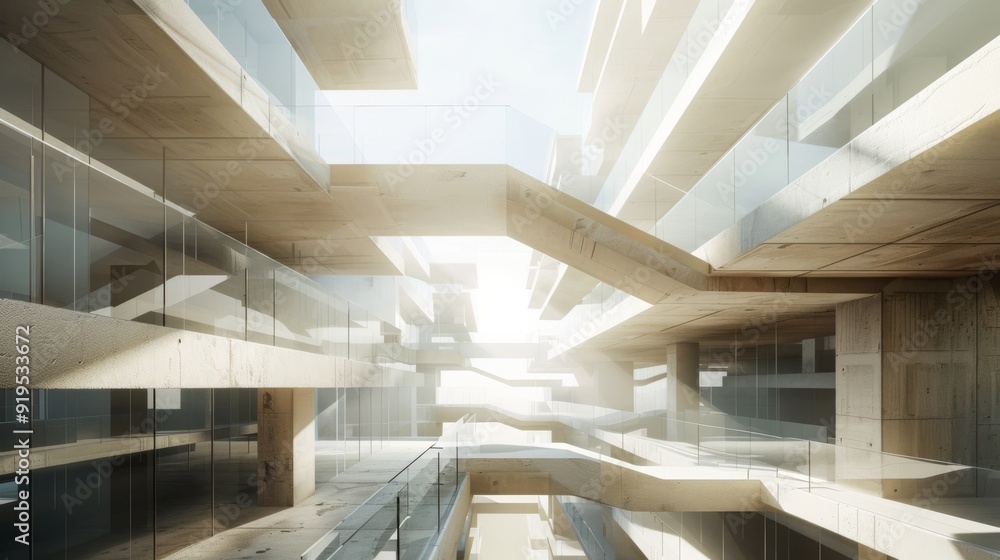 Fototapeta premium A contemporary architectural design showcasing floating concrete walkways with glass railings, bathed in natural light. The structure features angular lines and a minimalist aesthetic