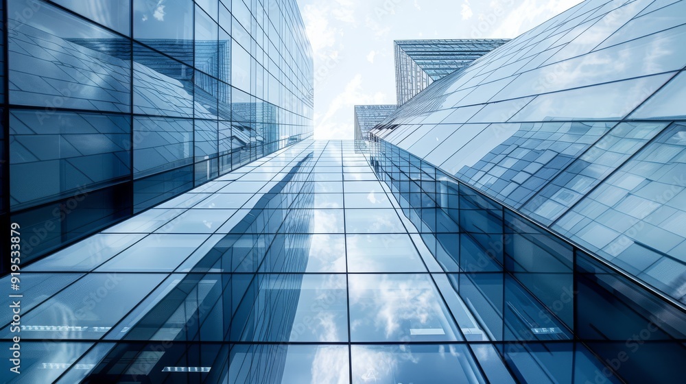 A sleek upward view of modern glass skyscrapers, reflecting the bright sky and surrounding architecture. The symmetrical design highlights contemporary urban development A sleek upward view of modern glass skyscrapers, reflecting the bright sky and surrounding architecture. The symmetrical design highlights contemporary urban development